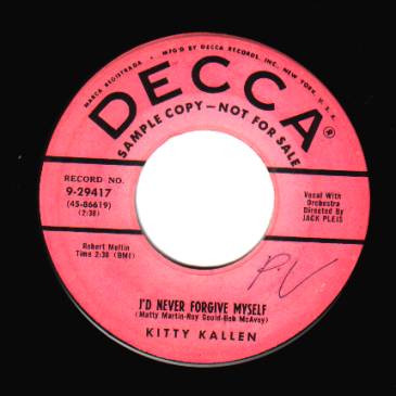 KITTY KALLEN - I'd Never Forgive Myself / Honestly - 45T (SP 2 titres)